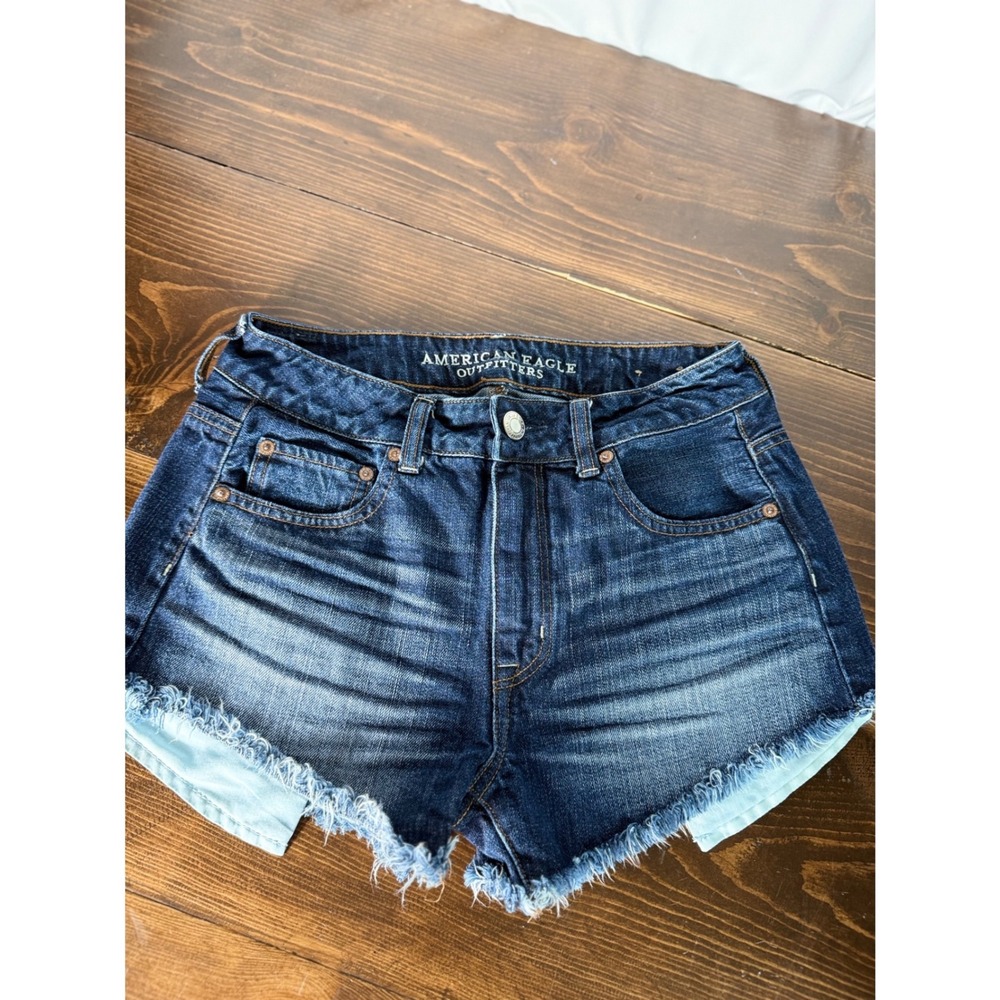 American Eagle Hi-Rise Festival Denim Shorts Dark Wash Frayed Hem Size 4